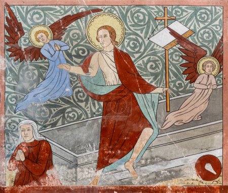 Ancient catholic fresco with Christ resurrection scene. Medieval Easter Icon. Medieval Kwidzyn cathedral