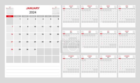 Illustration for Monthly Calendar 2024 in organizer design with space for notes, week starting sunday - Royalty Free Image