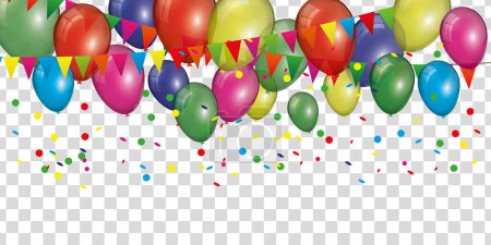 Illustration for Colorful birthday background with many balloons, confetti and pennants on transparent background - Royalty Free Image