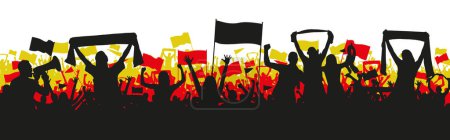 Ilustración de Fondo deportivo con fútbol alemán Los aficionados al fútbol en silueta de diseño plano. Abanicos masculinos y femeninos con las manos en el aire, pancartas, banderas, bufandas. Diseño con tres capas en colores de bandera alemana negro, rojo, oro - Imagen libre de derechos