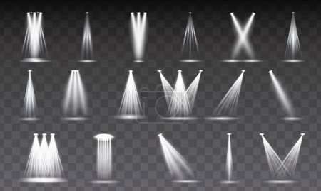 Sammlung von hellen Blitz-Scheinwerfer-Vektor-Set mit leuchtendem Lichteffekt, isoliert auf transparentem Hintergrund