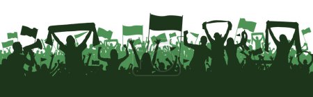 Illustration for Green Sports background with soccer Football supporters in silhouette flat design. Male and female fans with hands in the air, banners, flags, scarfs. Design with two layers and light green crowd behind dark green crowd. - Royalty Free Image