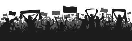 Sports background with soccer Football supporters in silhouette flat design. Male and female fans with hands in the air, banners, flags, scarfs. Design with two layers and gray crowd behind black crowd.