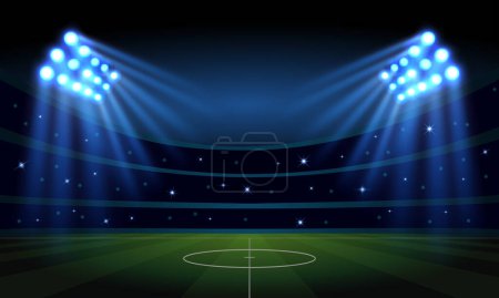 Illustration for Football Stadium at night with blurry spotlights, supporters on tribune - Royalty Free Image