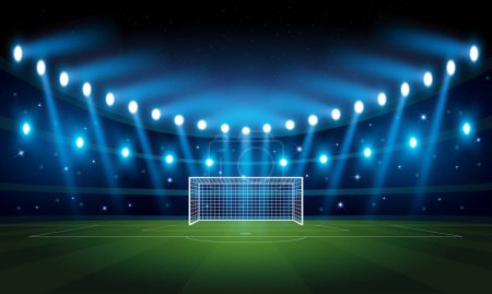 Illustration for Illuminated Sports Arena for Soccer and football with blurry blue spotlights, starry night sky and nebula, focus on goal - Royalty Free Image