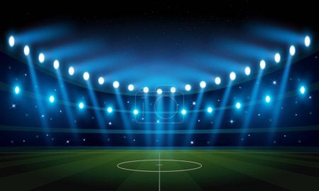 Illustration for Illuminated Football Arena at night with blue spotlights, supporters on tribune, starry night sky - Royalty Free Image