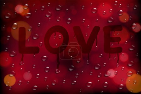 Téléchargez les illustrations : Lettrage d'amour écrit à la main sur la fenêtre pleine de gouttes de pluie, fond rouge flou - en licence libre de droit
