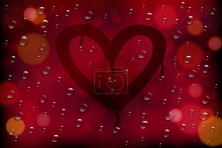 Téléchargez les illustrations : Coeur dessiné sur une fenêtre pleine de gouttes d'eau, fond rouge flou, illustration vectorielle carte valentine - en licence libre de droit