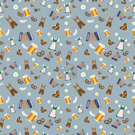 Seamless oktoberfest pattern, bavarian beer festival icons in flat design on blue background