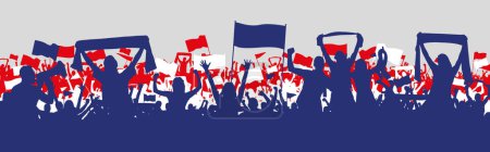 Partidarios franceses en colores de bandera nacional azul, blanco, rojo para fondo deportivo, silueta de diseño plano. Abanicos masculinos y femeninos con las manos en el aire, pancartas, banderas, bufandas. Diseño con tres capas