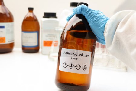 Foto de Ammonia Solution in bottle , chemical in the laboratory and industry, Chemical used in the analysis - Imagen libre de derechos