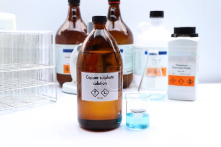 Téléchargez les photos : Copper sulphate in bottle , chemical in the laboratory and industry, Chemical used in the analysis - en image libre de droit