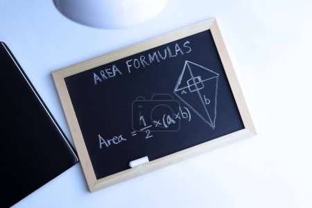 Photo for Blackboard with hand written geometry area formulas and geometric shapes and figures - Royalty Free Image