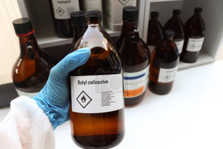 Foto de Celuloresolver de butilo en vidrio, productos químicos peligrosos y símbolos inflamables en contenedores de la industria o el laboratorio - Imagen libre de derechos