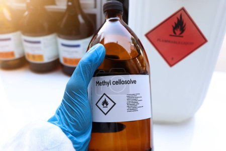Téléchargez les photos : Méthyl cellosolve dans le verre, Produits chimiques dangereux et symboles sur les conteneurs dans l'industrie ou le laboratoire - en image libre de droit