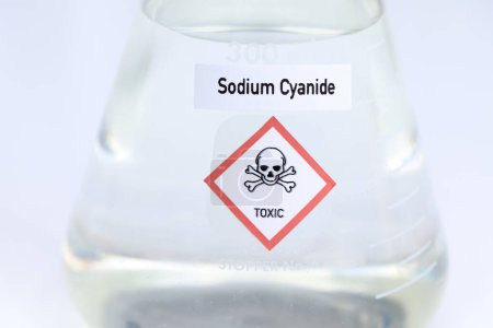Téléchargez les photos : Solution de cyanure de sodium, produits chimiques dangereux et symboles sur les récipients, produits chimiques dans l'industrie ou le laboratoire - en image libre de droit