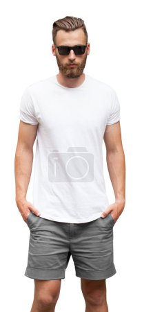 Téléchargez les photos : Vue de face d'un homme portant un t-shirt blanc vierge avec de l'espace pour votre logo ou design isolé sur fond blanc - en image libre de droit