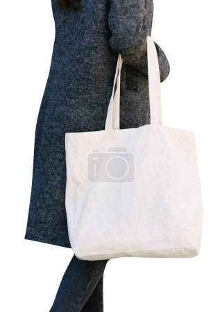 Foto de Bolso de algodón con asa de mujer sobre fondo blanco - Imagen libre de derechos