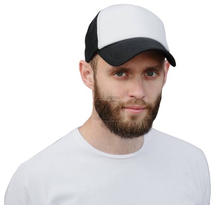 Photo for Hipster wearing white blank t-shirt and a cap isolated on white background - Royalty Free Image