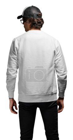 Photo for Man wearing blank white sweatshirt and empty baseball cap standing isolated on white background. Sweatshirt or hoodie for mock up, logo designs or design print with with free space. - Royalty Free Image