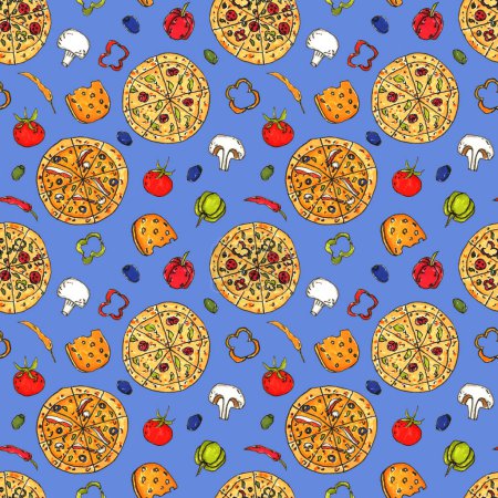 Photo for Hand drawn doodle pizza and vegetables seamless pattern. Illustration for fabric und textile design, wallpaper, packaging, food design, menu design, decoration. - Royalty Free Image
