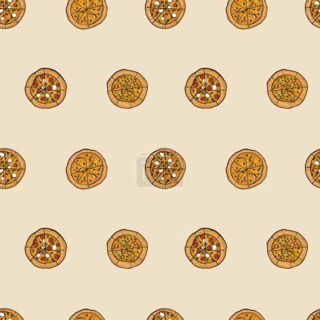 Pizza nahtloses Muster, buntes Doodle Fast Food Muster auf transparentem Hintergrund, Lebensmittelillustration für Pizzeria, Restaurant oder Café, freche italienische Pizza im Doodle Stil.