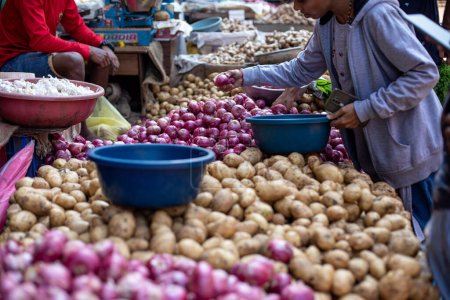 Téléchargez les photos : Goa, Inde, février 2023. Gros plan des étals remplis de légumes frais pommes de terre, oignons rouges avec des bassins en plastique bleu à vendre au marché traditionnel indien bazar entre le vendeur et l'acheteur. - en image libre de droit