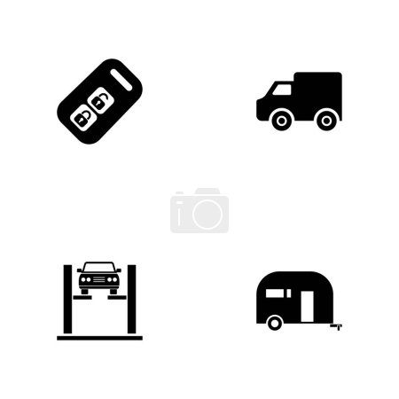 Foto de Auto. Un conjunto de cuatro iconos sólidos negros aislados sobre un fondo blanco. - Imagen libre de derechos