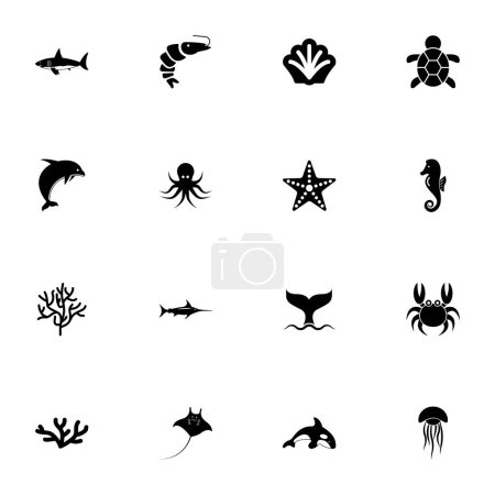 Foto de Icono Vida Marina - Ampliar a cualquier tamaño - Cambiar a cualquier color. Perfect Flat Vector Contiene iconos como tiburón, camarones, concha, tortuga, delfín, pulpo, coral, raya, caballo de mar, ballena, medusas - Imagen libre de derechos
