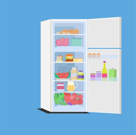 refrigerator working new open with fresh products long storage illustration EPS10