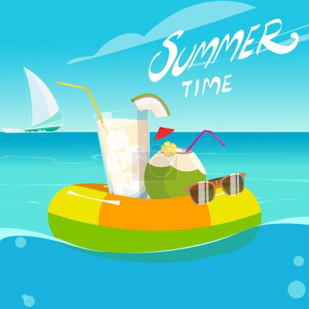 Sommer, Vektorillustration, Meer, Floatie, Getränk, Cocktail, Sonnenbrille, Kokosnuss, Segeljacht