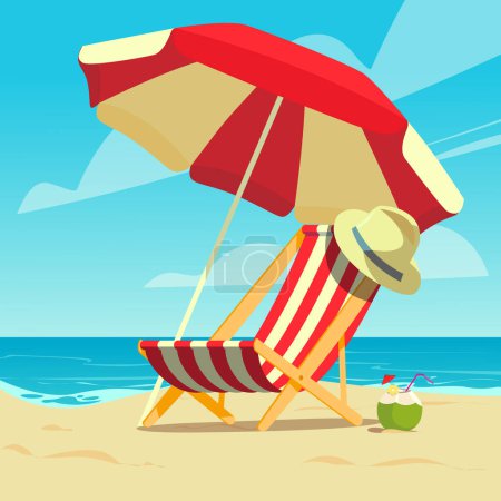 Sommerzeit, Vektorillustration, Hängemattenstuhl, Strand, Sonnenschirm, Hut