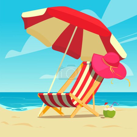 Sommerzeit, Vektorillustration, Hängemattenstuhl, Strand, Sonnenschirm, Hut