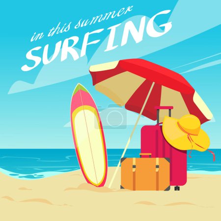 Sommerzeit, Vektorillustration, Strand, Surfbrett, Surfen, Gepäck, Sonnenschirm