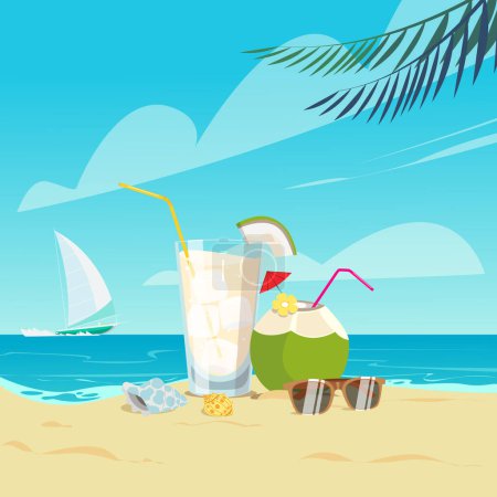 summer time, vecter illustration, shells, straw, glass, drinks, coconut, sailing yacht