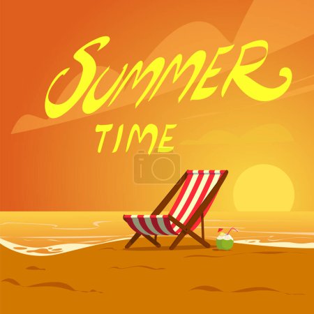 heure d "été, illustration vectorielle, chaise hamac, plage, coucher de soleil