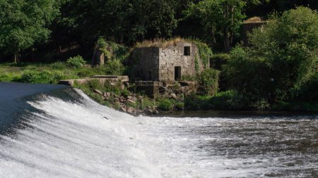 Téléchargez les photos : Barrage sur la rivière Ave à Vila do Conde, Portugal. Vieille ruine de pierre sur la rive et poissons bondissant hors de l'eau. - en image libre de droit