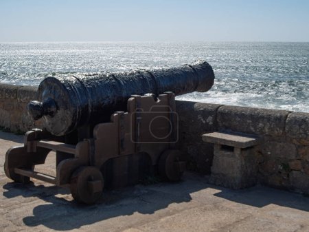 Historic cannon looking out over ocean from castle walls