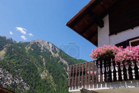 Foto de Pueblo de Lillaz en Cogne en el Valle de Aosta en los Alpes italianos - Balcón de una casa de montaña con flores rosadas - vista en un día de verano. - Imagen libre de derechos