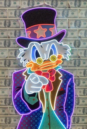 Photo for Illuminated Painting with Scrooge McDuck in Multicolored Lamps and Dollars in the Background. - Royalty Free Image