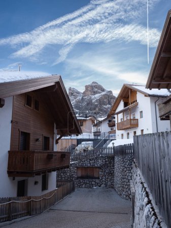 Typical Mountain Houses In Colfosco, Alta Badia in Italian Alps, Italy.