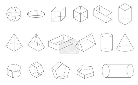 Ilustración de 3d Geometric shape lines sphere, ellipsoid, square, rectangle, pyramid, cylinder, pentagon, hexagon and prism - Imagen libre de derechos