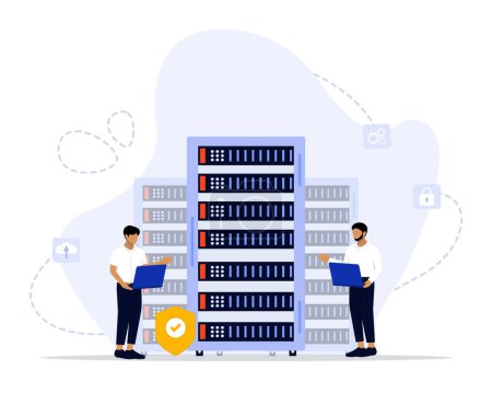 Illustration for Server Security Concept, Showing the server is being maintained by a network administrator, Suitable for landing page, UI, web, App intro card, editorial, flyer, and banner - Royalty Free Image