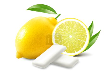 Téléchargez les photos : Du chewing-gum au citron. Gomme à bulles avec saveur d'agrumes de citron. Coussinets à mâcher au citron frais mûr, produit de santé buccodentaire, affiche publicitaire réaliste. Illustration vectorielle 3D isolée - en image libre de droit