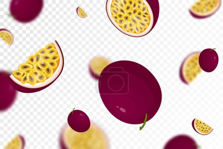 Photo for Falling juicy ripe passion fruit, isolated on transparent background. Flying whole and sliced fruits with defocused blur effect. Can be used for wallpaper, banner, poster, print. Vector flat design - Royalty Free Image