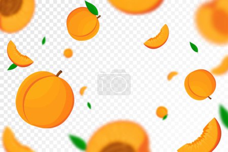 Photo for Falling juicy ripe peach fruit, isolated on transparent background. Flying whole and slices of peach with blur effect. Can be used for wallpaper, banner, poster, print. Vector flat design - Royalty Free Image