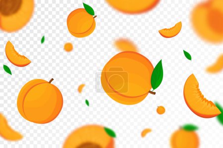 Photo for Falling juicy ripe peach fruit, isolated on transparent background. Flying whole and slices of peach with blur effect. Can be used for wallpaper, banner, poster, print. Vector flat design - Royalty Free Image