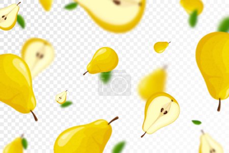 Photo for Falling juicy ripe pear fruit, isolated on transparent background. Flying whole and sliced pears with blur effect. Can be used for wallpaper, banner, poster, print. Vector flat design - Royalty Free Image