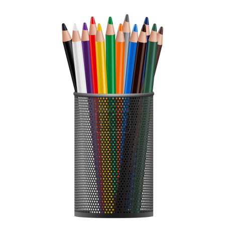 Téléchargez les photos : Tasse à crayons en métal noir remplie de crayons colorés utilisés, isolés sur un fond blanc. Illustration vectorielle 3D réaliste. - en image libre de droit