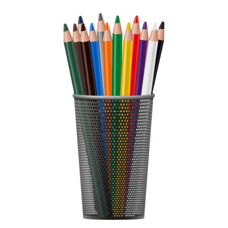 Téléchargez les photos : Tasse à crayons en métal noir remplie de crayons colorés utilisés, isolés sur un fond blanc. Illustration vectorielle 3D réaliste. - en image libre de droit